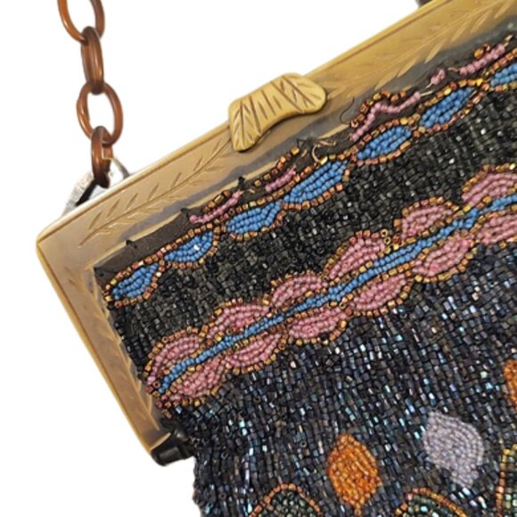 Antique Edwardian 1900s Beaded Handbag With A Carved Celluloid Frame And Handle - Picture 2 of 7